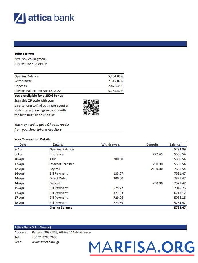 Realistic Greece Attica bank statement excel download for verification